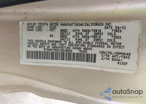 2001 Toyota Tacoma Base V6 from USA, damaged, VIN 5TEWN72NX1Z816602